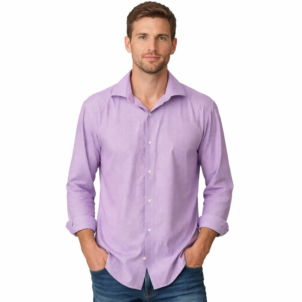 Bugatchi Men's Comfort Stretch Shirt 16.5 Pink‎ Long Sleeve Button-Up